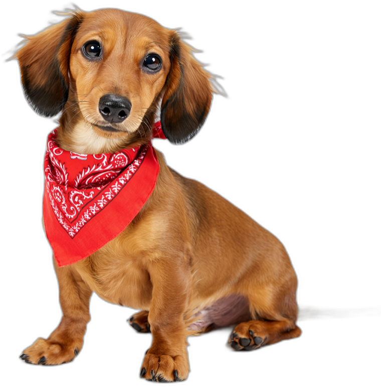 A cute dachshund wearing a red bandana